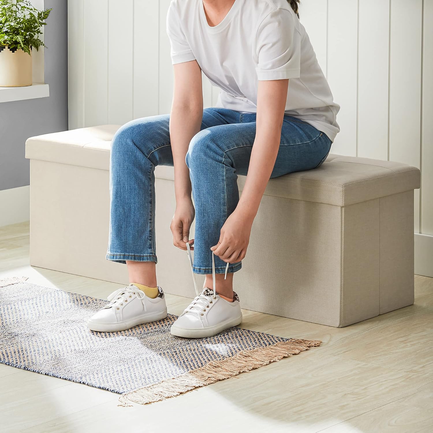 SONGMICS Taburet pliabil cu sezut moale, spatiu de depozitare 131litri, maxim 300kg, 110x38x38cm, crem Household NewTrend