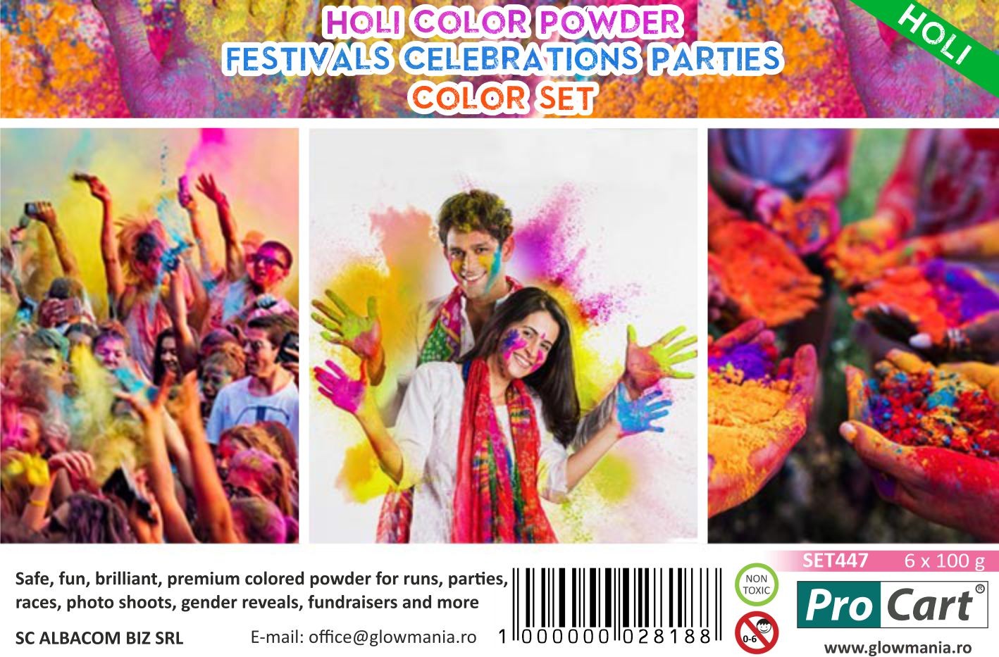 Set 5 culori pudra neon uv holi, 100gr/culoare