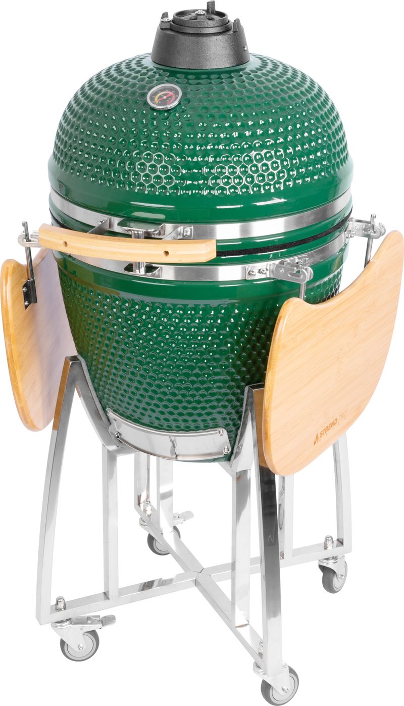 Grătar ceramic Kamado Egg 21 inch, 46,7 cm, verde, cu suport și roți