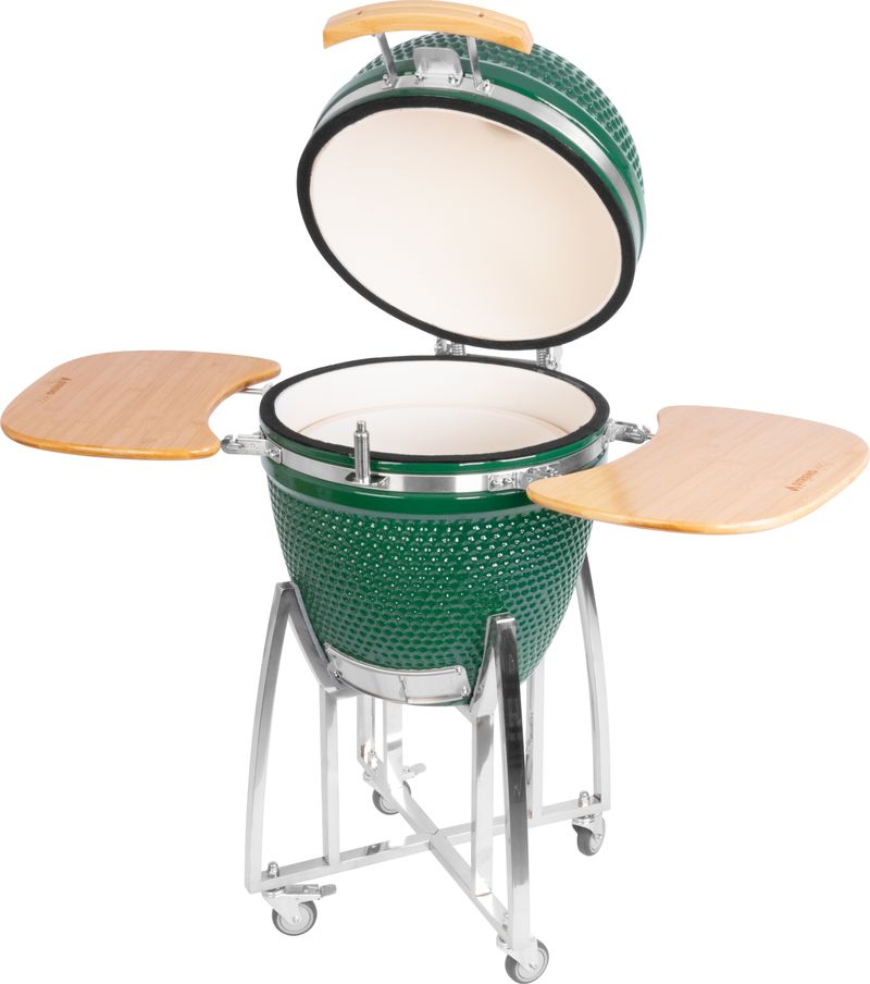 Grătar ceramic Kamado Egg 21 inch, 46,7 cm, verde, cu suport și roți