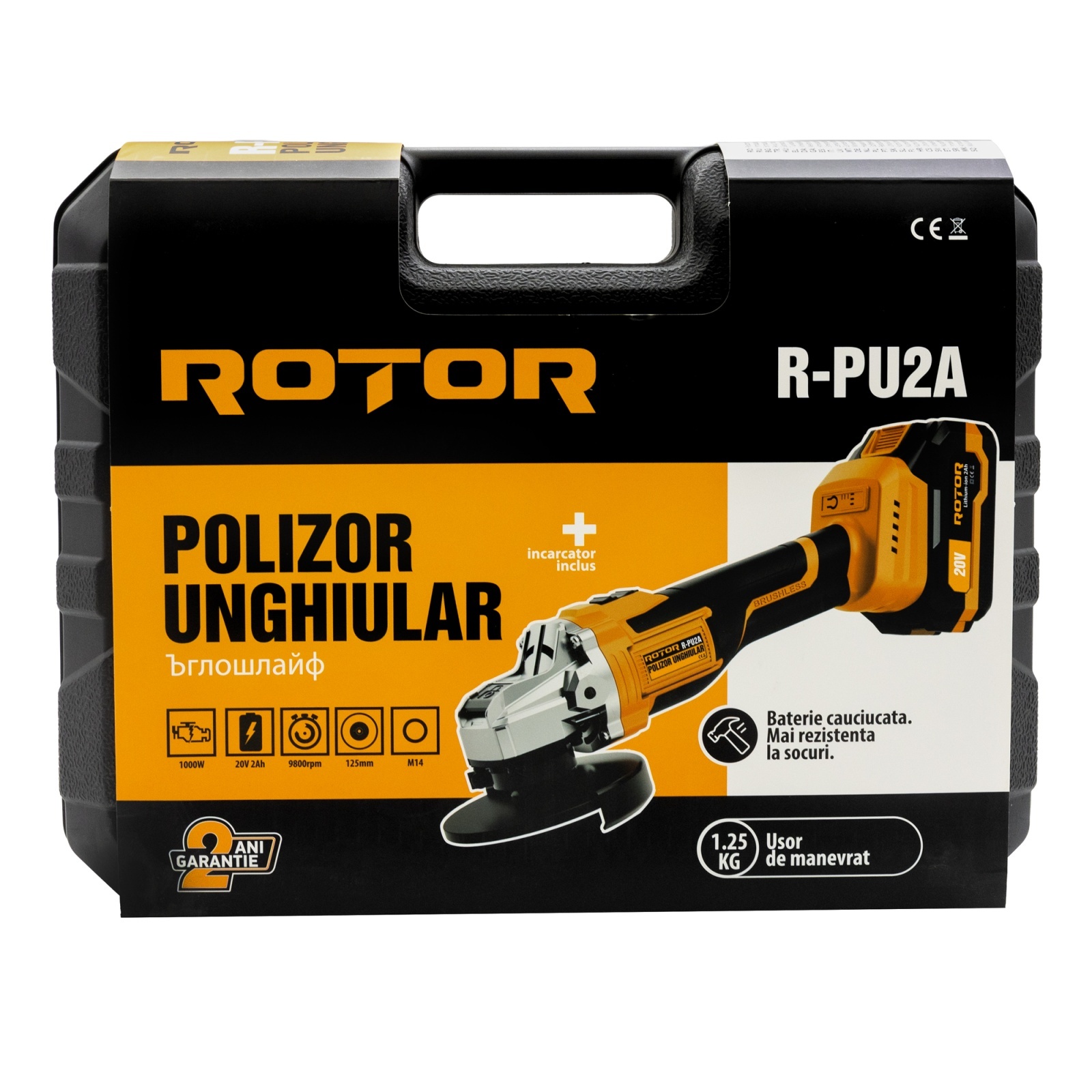 Polizor unghiular cu acumulator Rotor R-PU2A 20V 2Ah brushless