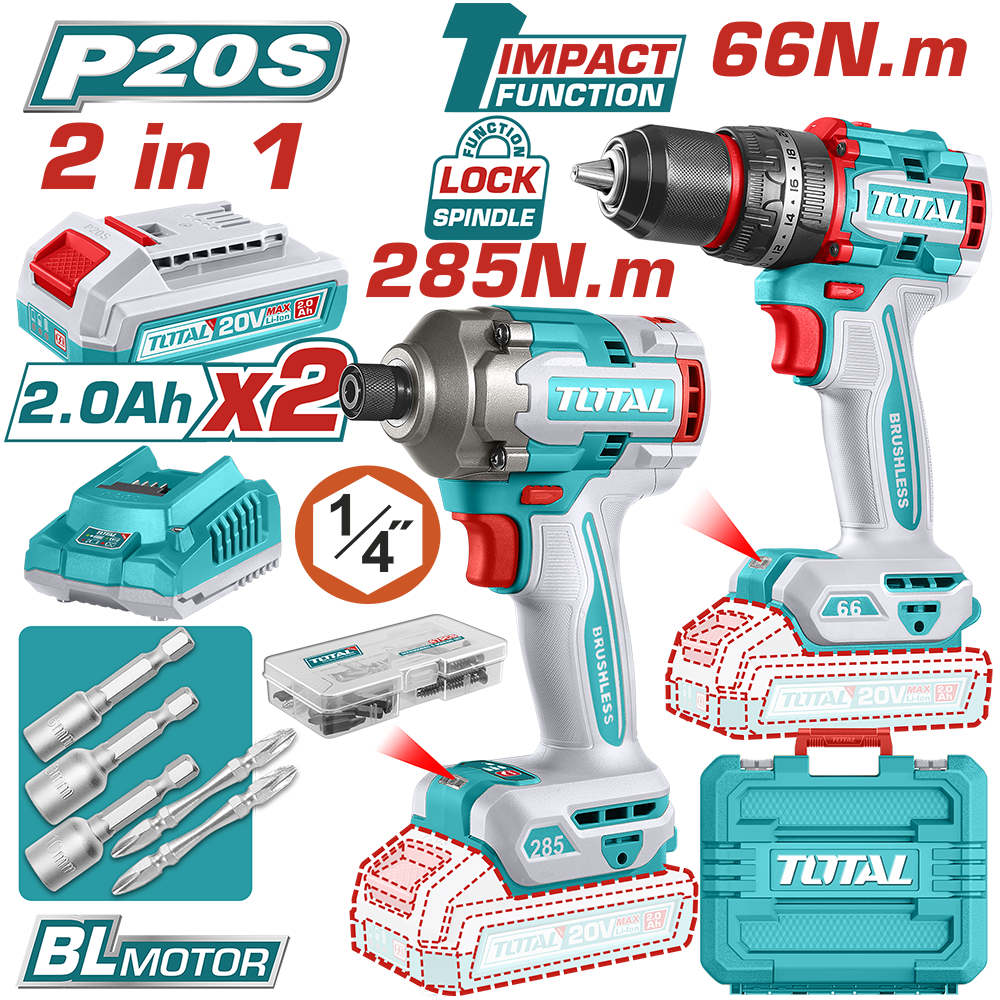 Kit combo TOTAL 20V brushless cu bormasina si insurubator impact