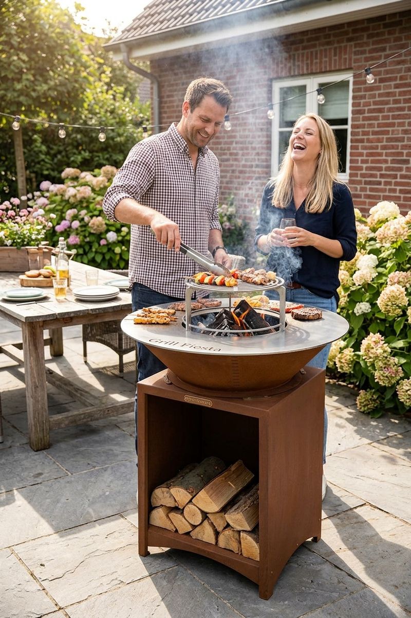 Gratar cu focar Strend Pro Fiesta din otel, efect rust, 75 cm