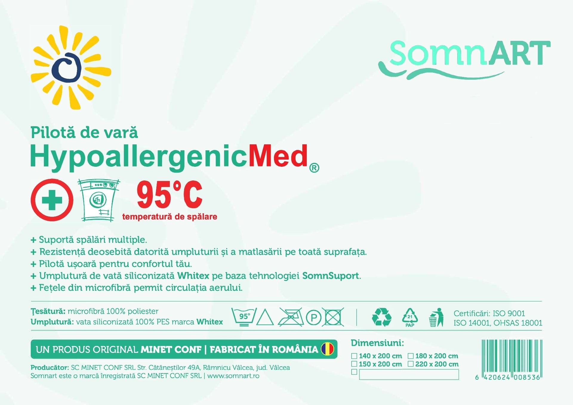 Pilota de vara Somnart HypoAllergenicMed, microfibra 140x200 cm, lavabila la 95°C