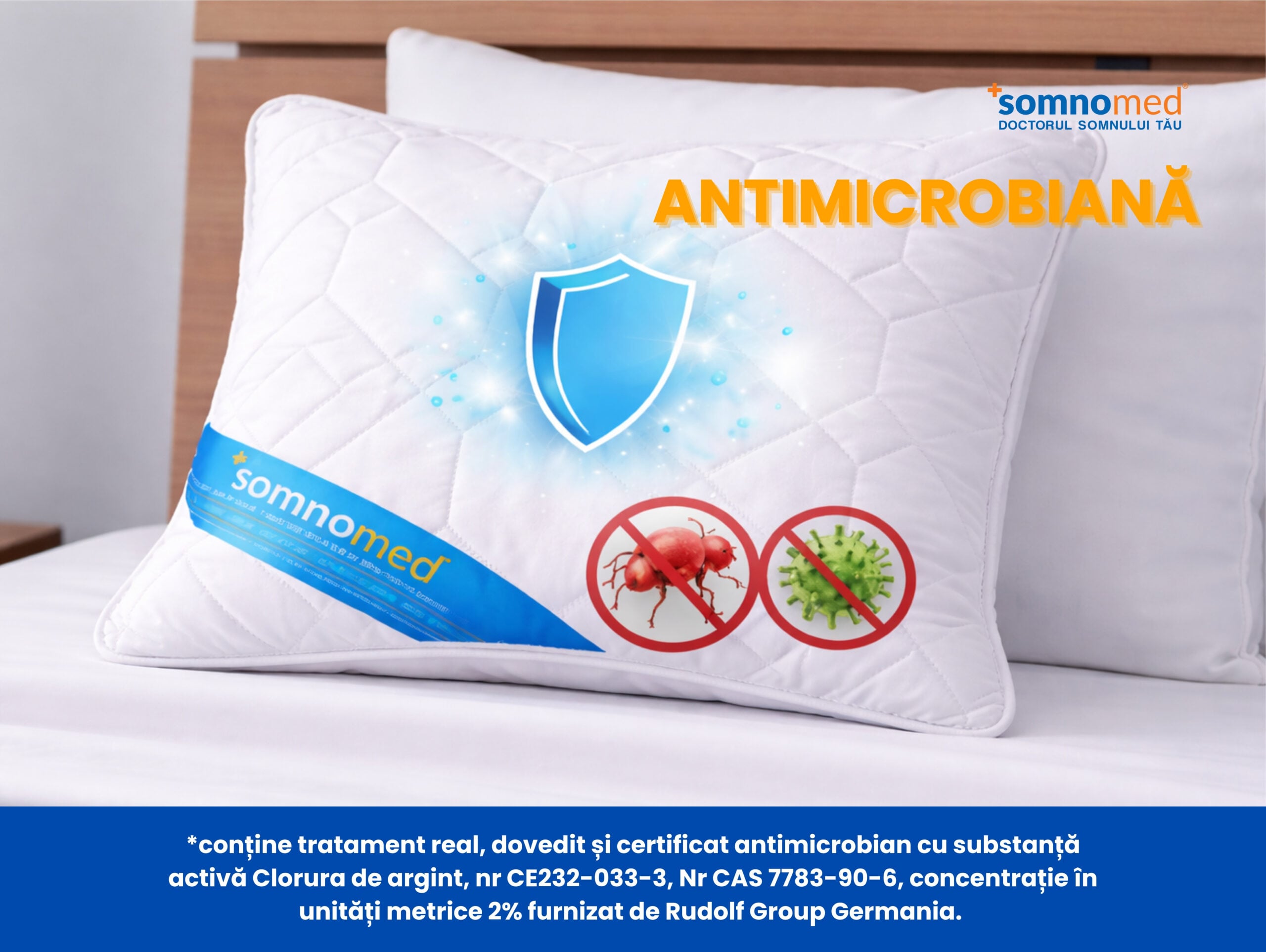 Set 2 perne Somnomed antimicrobiene, lavabile la 95°C, 70x70 cm