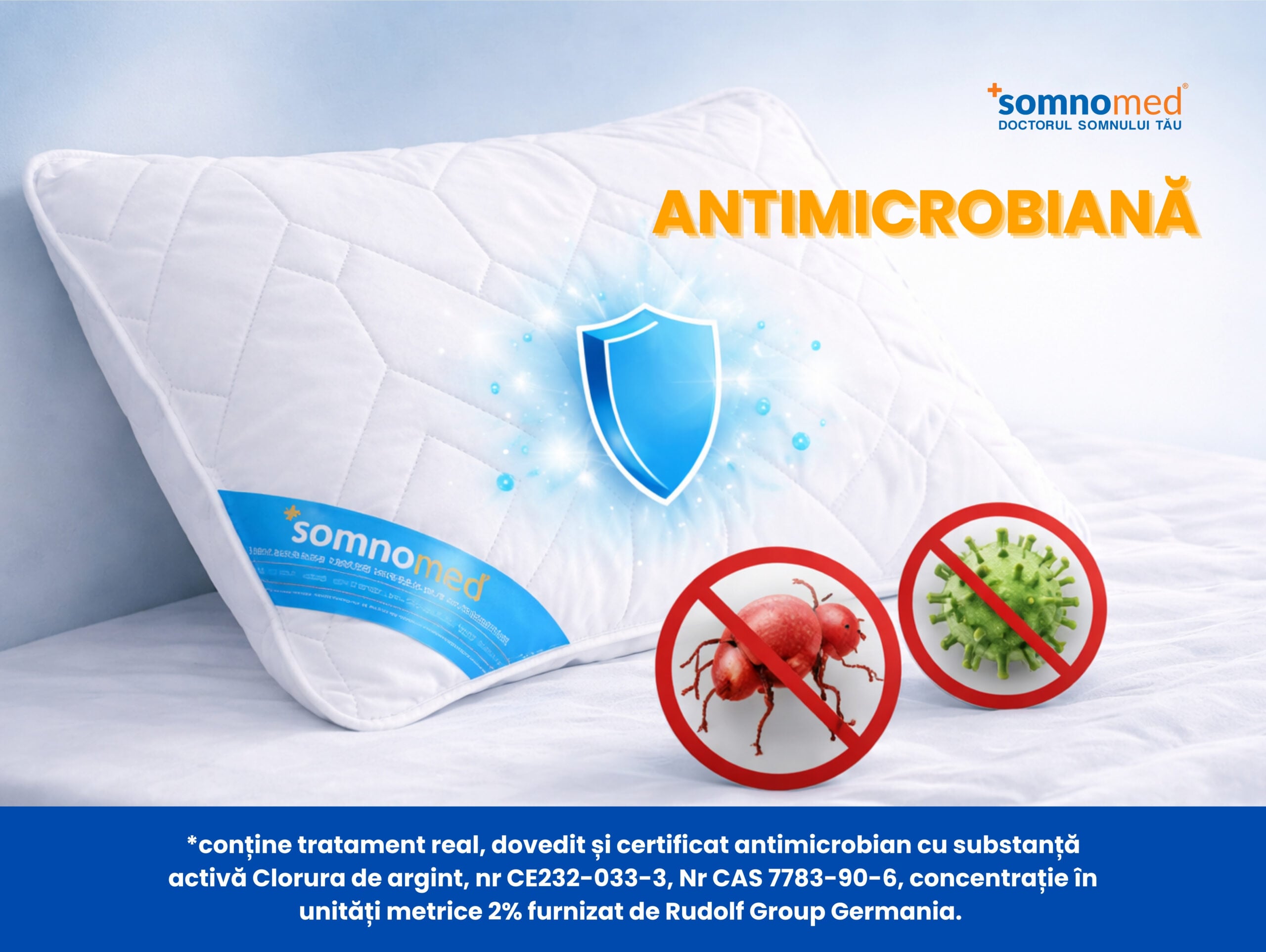 Perna antimicrobiana Somnomed 50x70 cm, lavabila la 95°C, vidata