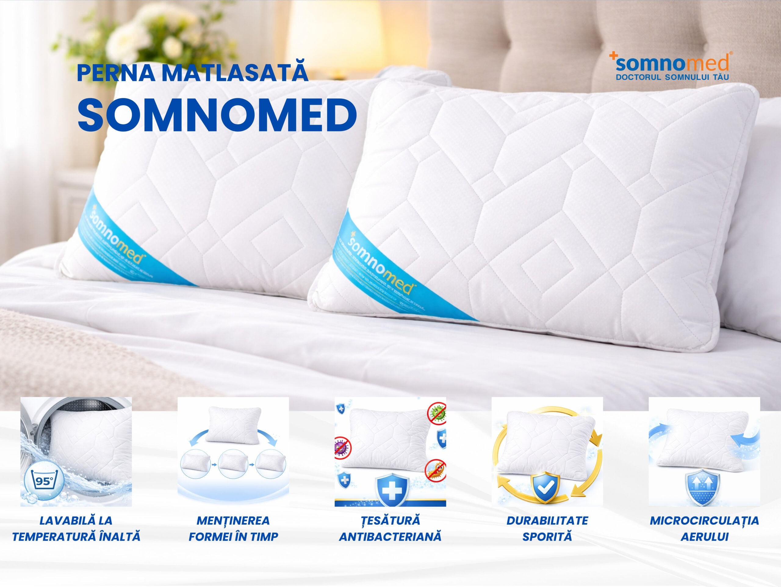 Perna antimicrobiana Somnomed 50x70 cm, lavabila la 95°C, vidata