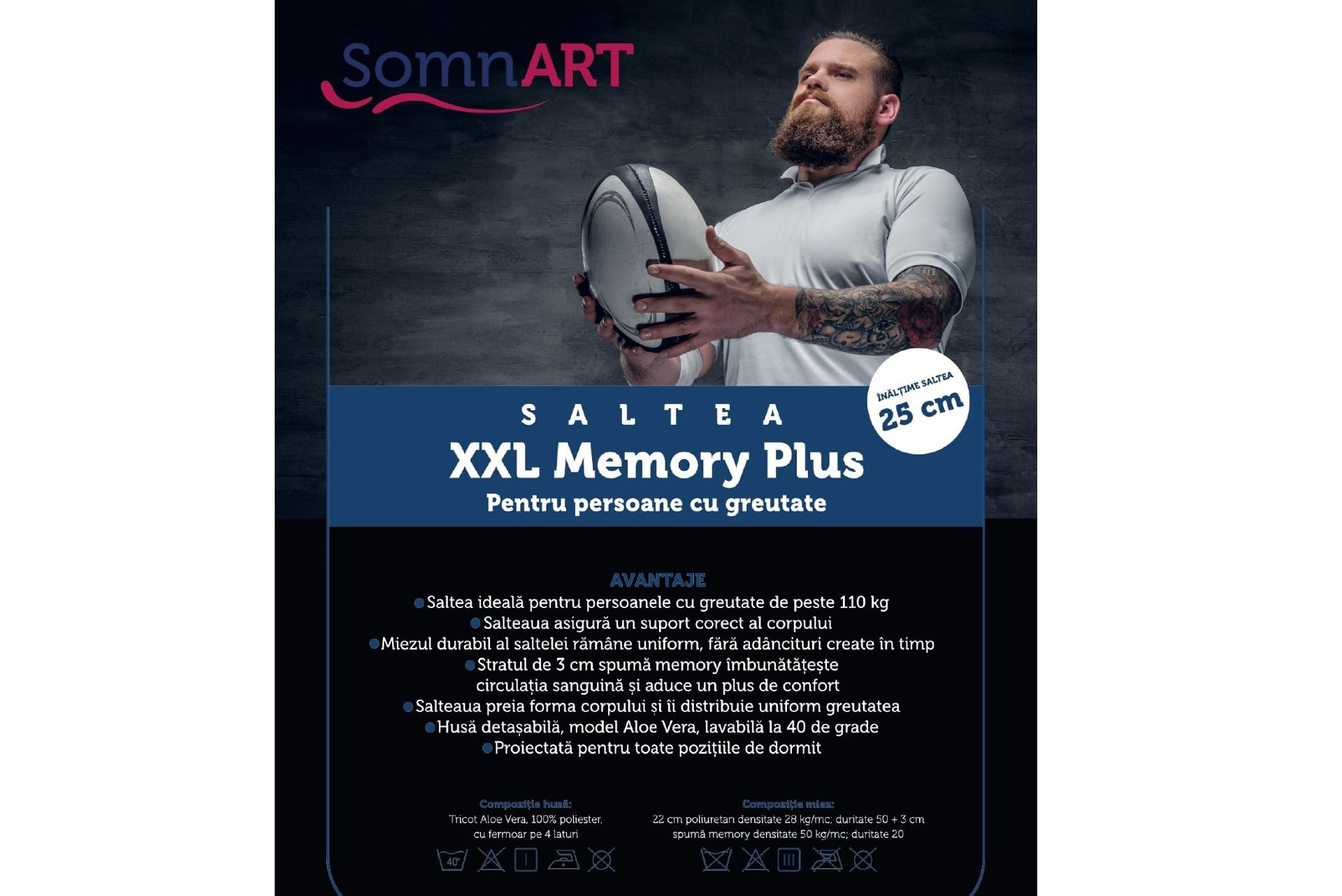 Saltea cu memorie SomnART XXL Memory Plus 120x200, înălțime 25cm, pentru persoane supraponderale, husă Aloe Vera detașabilă, rulată, fermitate mare