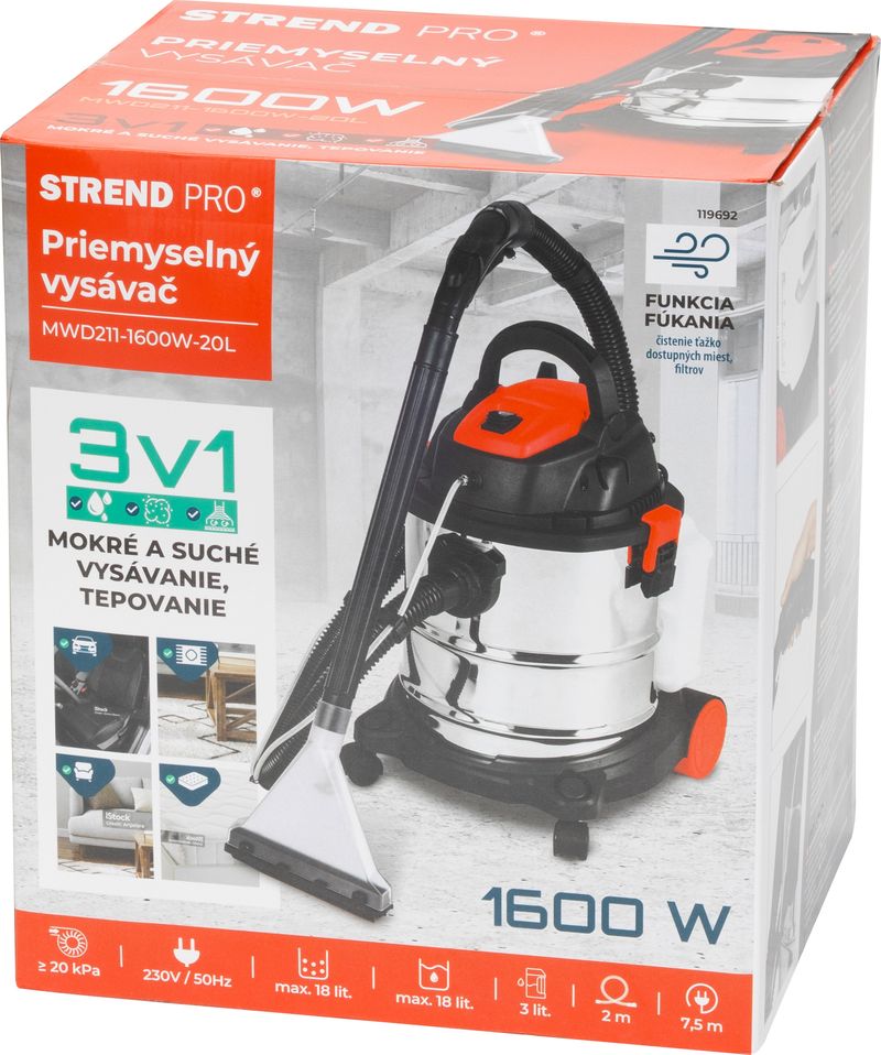 Aspirator industrial 3 în 1 Strend Pro, 20 L, 1600W, cu funcție de spălare