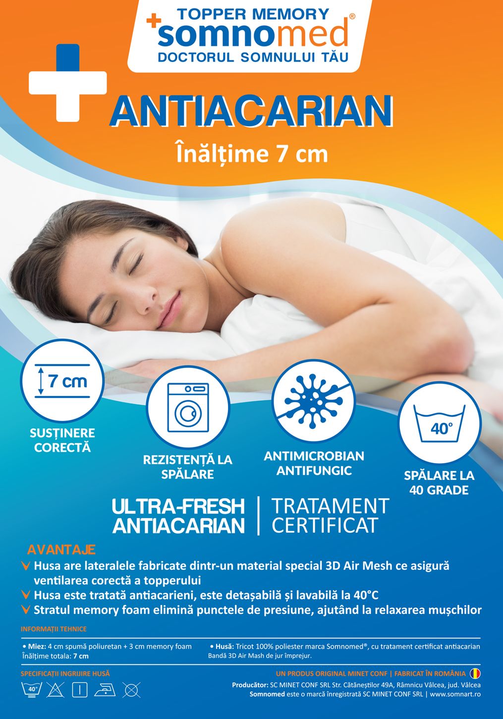 Topper cu memorie 90x200 SomnoMed Antiacaria, 7 cm, husă lavabilă