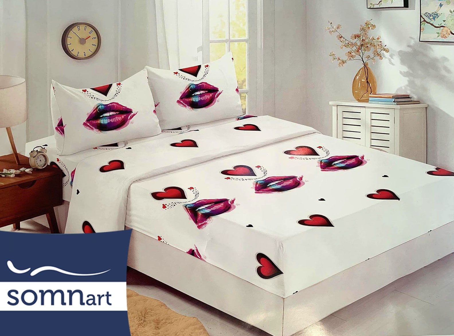 Husa de pat finet 160x200 cm cu elastic si 2 fete de perna, Flori crem