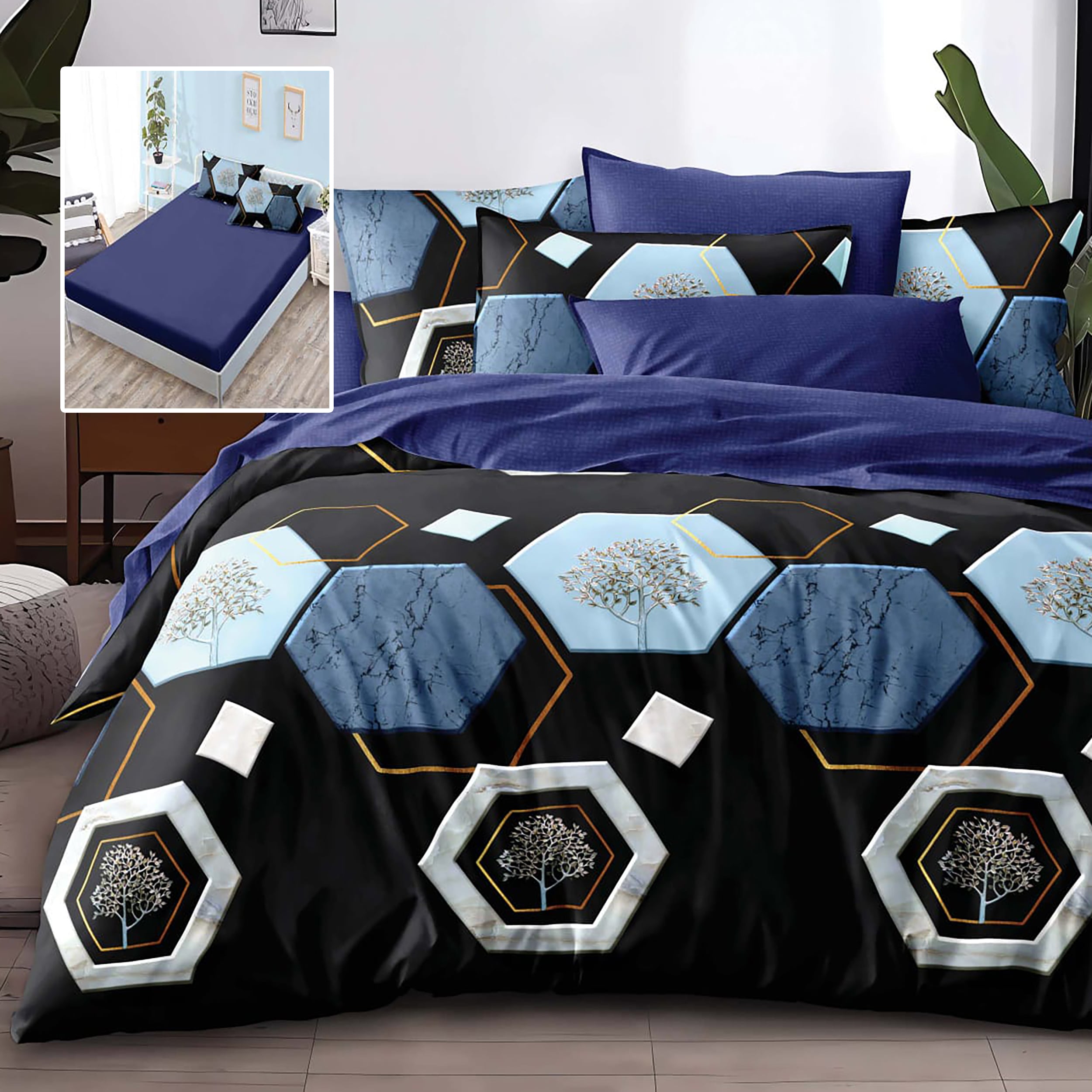 Lenjerie de pat finet 6 piese bleumarin cu cearceaf cu elastic 200x230