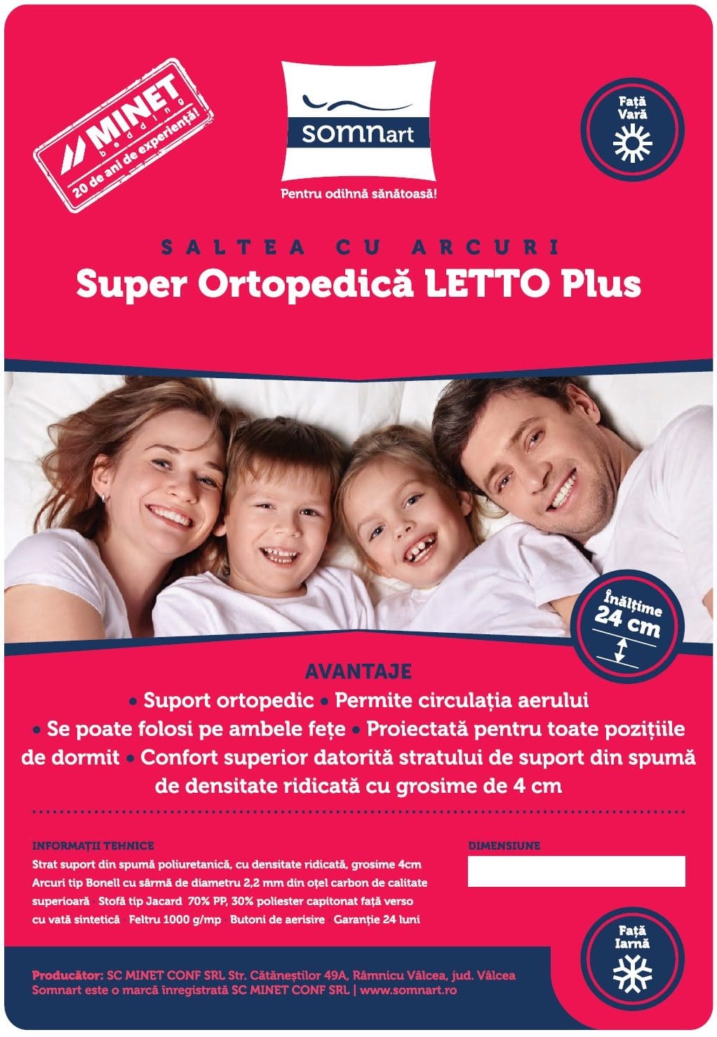 Saltea ortopedică cu arcuri SomnART LETTO Plus 90x200 cm, 24 cm, fermă