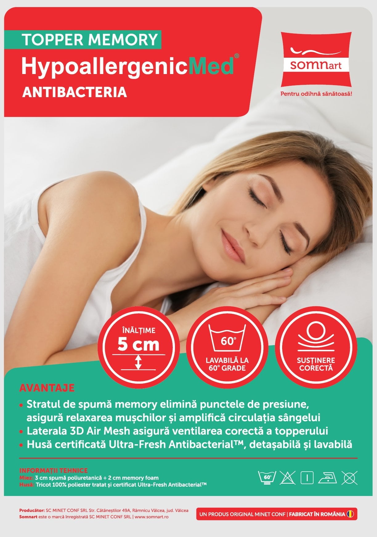 Topper saltea 140x200 cu memorie, antibacterian, husa detasabila
