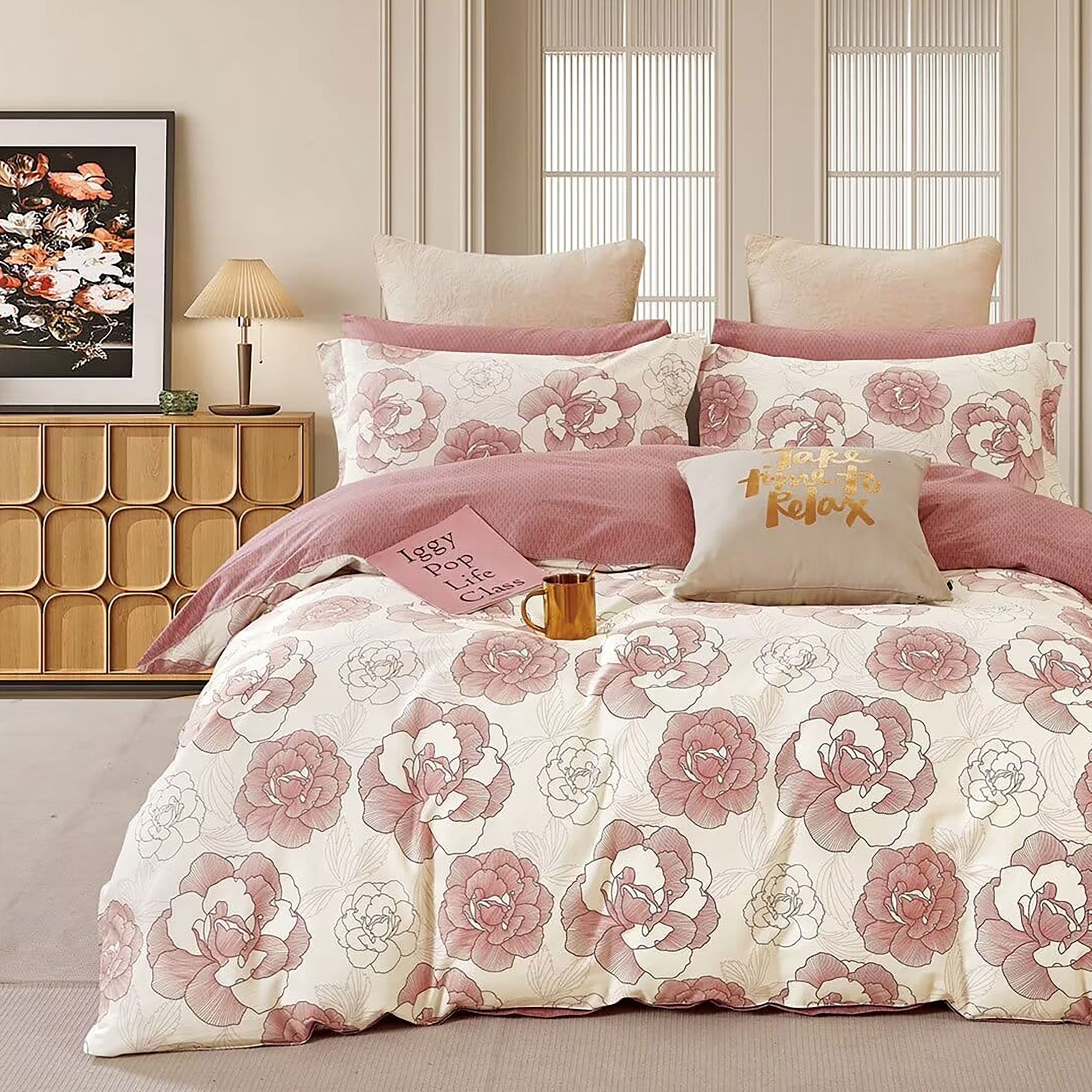 Lenjerie de pat percale 2PXXL roz, 4 piese, bumbac, model floral PRC97