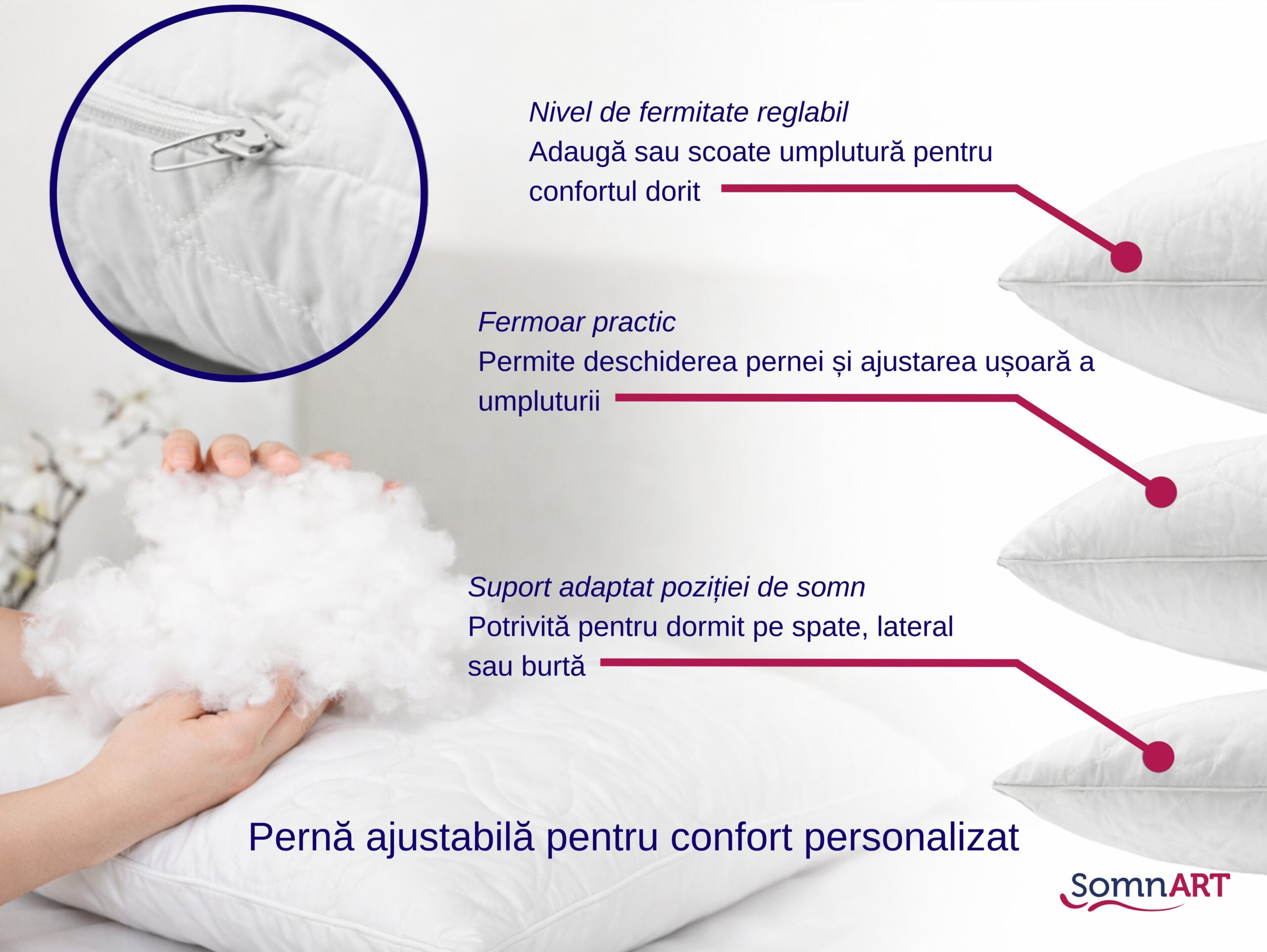Perna ajustabila 50x70 Somnia, lavabila, microfibra alba