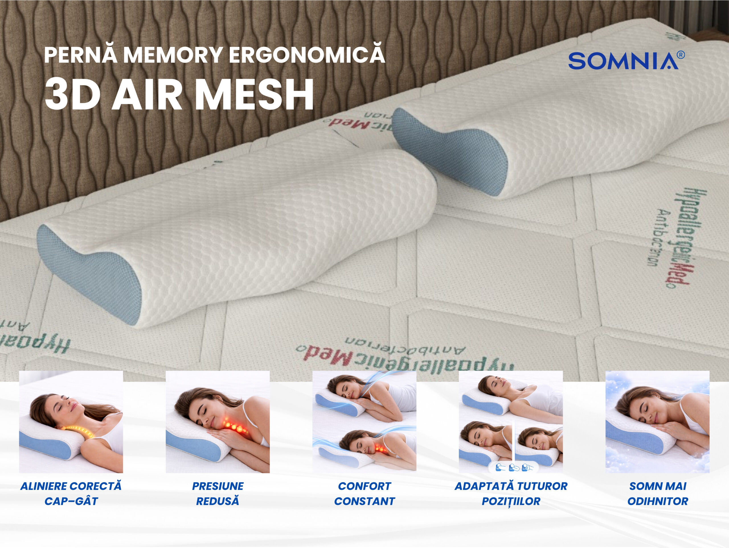 Perna ergonomica memory foam Somnia 3D Air Mesh, 30x50 cm