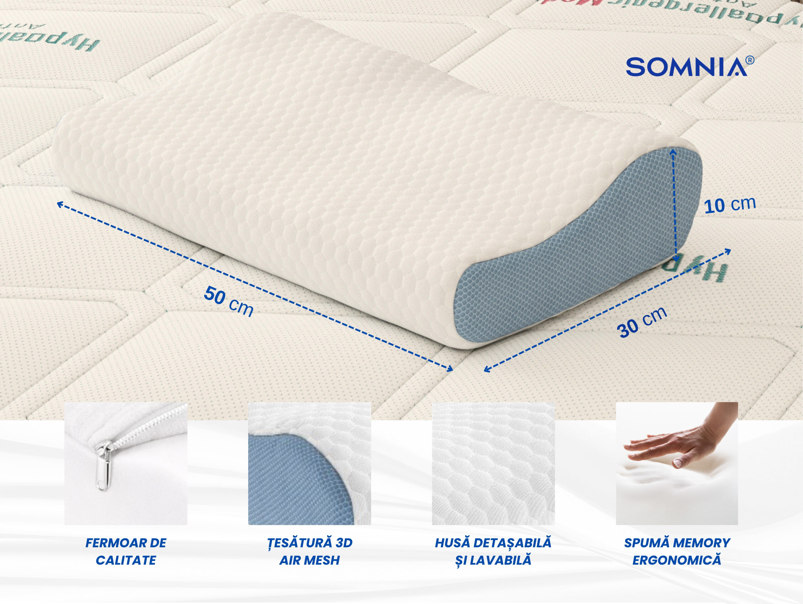 Perna ergonomica memory foam Somnia 3D Air Mesh, 30x50 cm