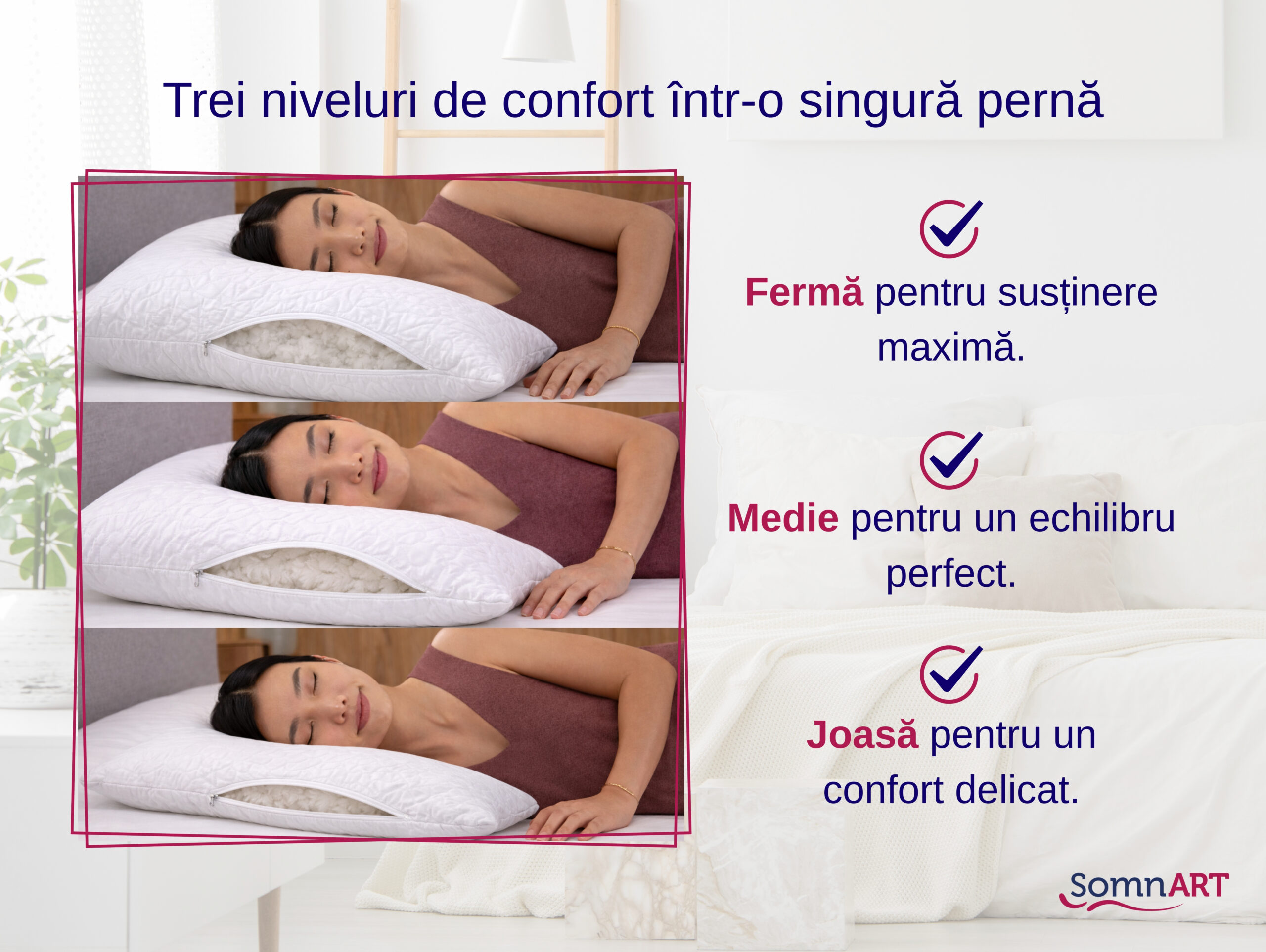 Set 2 perne ajustabile Somnia 50x70 cm, microfibra, lavabile, albe