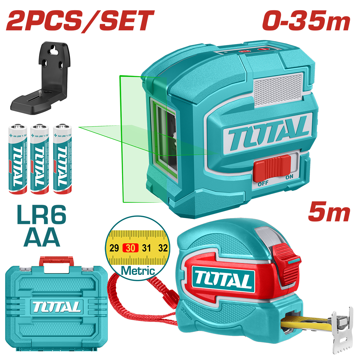 Kit nivela laser verde cu ruleta 5 m TOTAL pentru masuratori precise