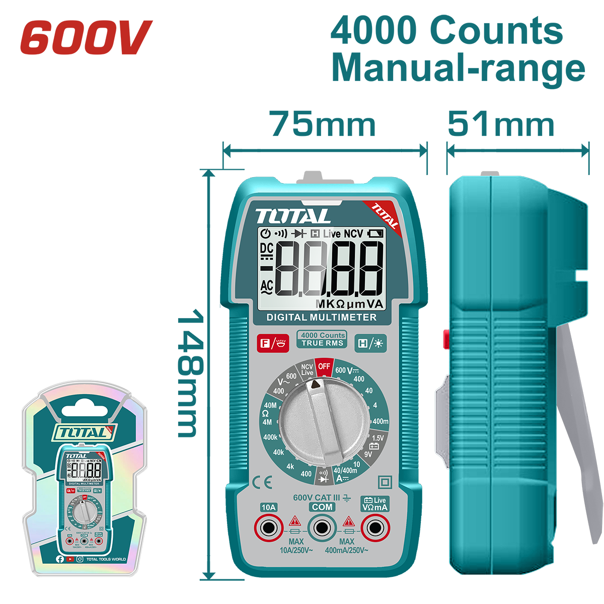 Multimetru digital TOTAL True RMS 4000 count cu NCV si lanterna