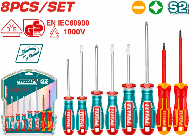 Set șurubelnițe TOTAL 8 piese, izolate 1000V, Phillips și drepte