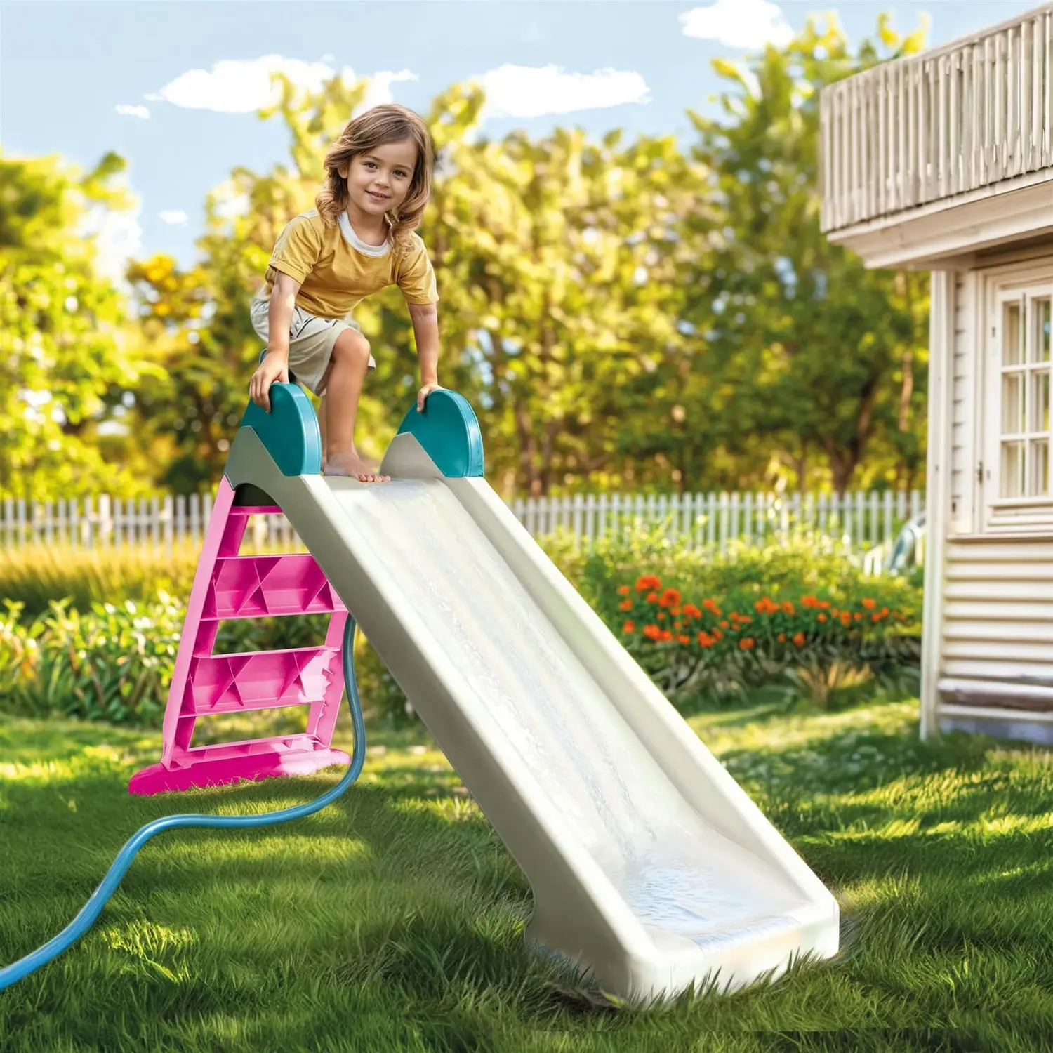 Tobogan pentru copii din plastic, alb si roz, pentru interior si exterior