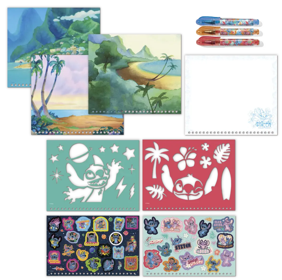 Carte de activitati Stitch cu pixuri gel, abtibilduri si sabloane