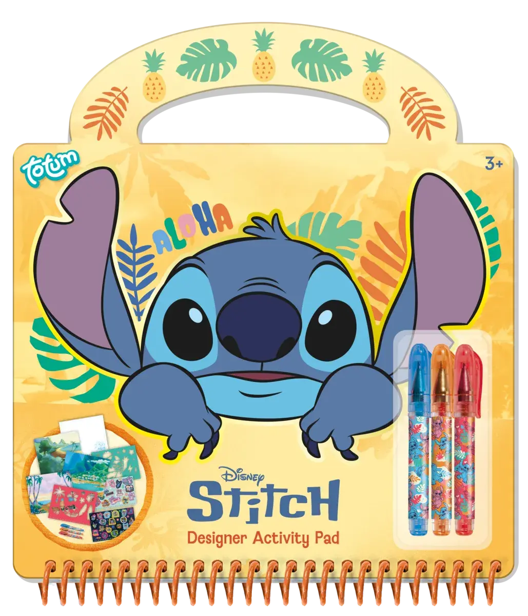 Carte de activitati Stitch cu pixuri gel, abtibilduri si sabloane