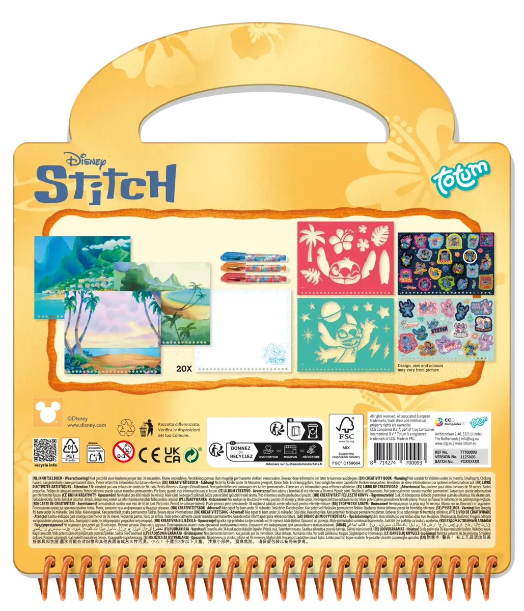 Carte de activitati Stitch cu pixuri gel, abtibilduri si sabloane