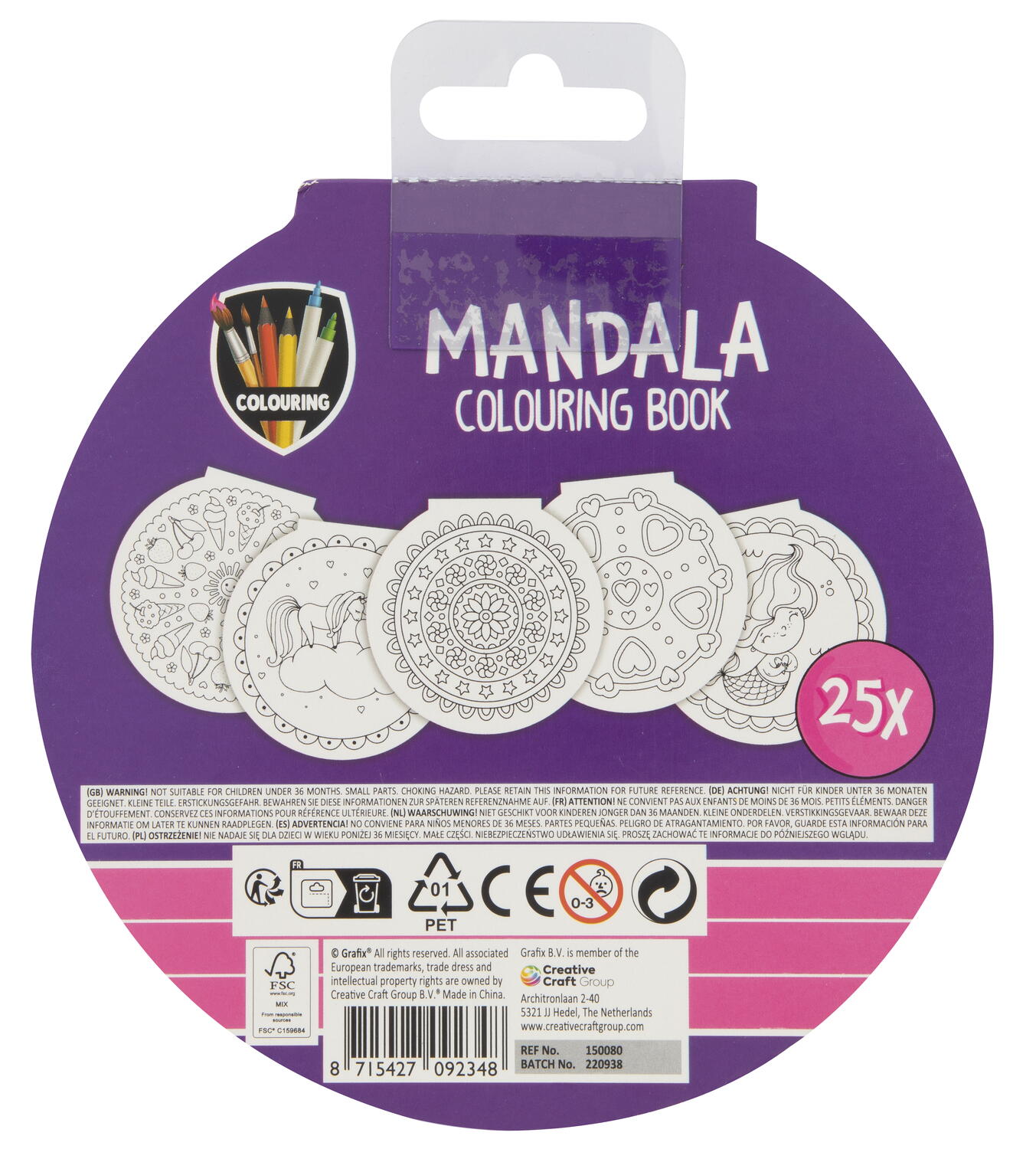 Carte de colorat cu mandale pentru copii, 25 file, mov, Grafix