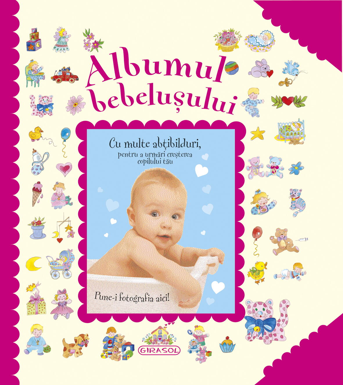 Albumul bebelusului roz cu abtibilduri pentru amintiri si primul an