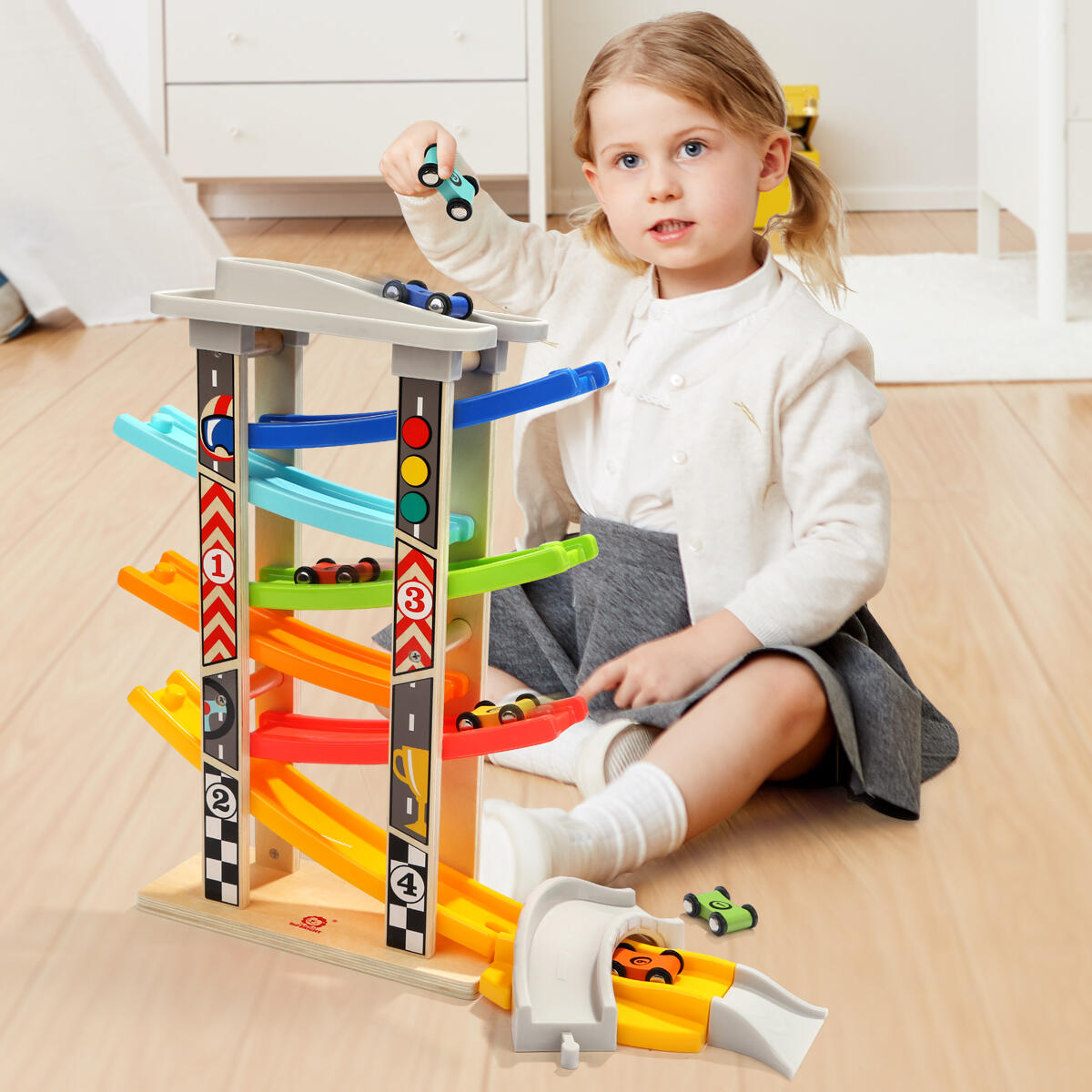 Rampa din lemn cu masinute de curse Topbright, 6 nivele, 18 luni+