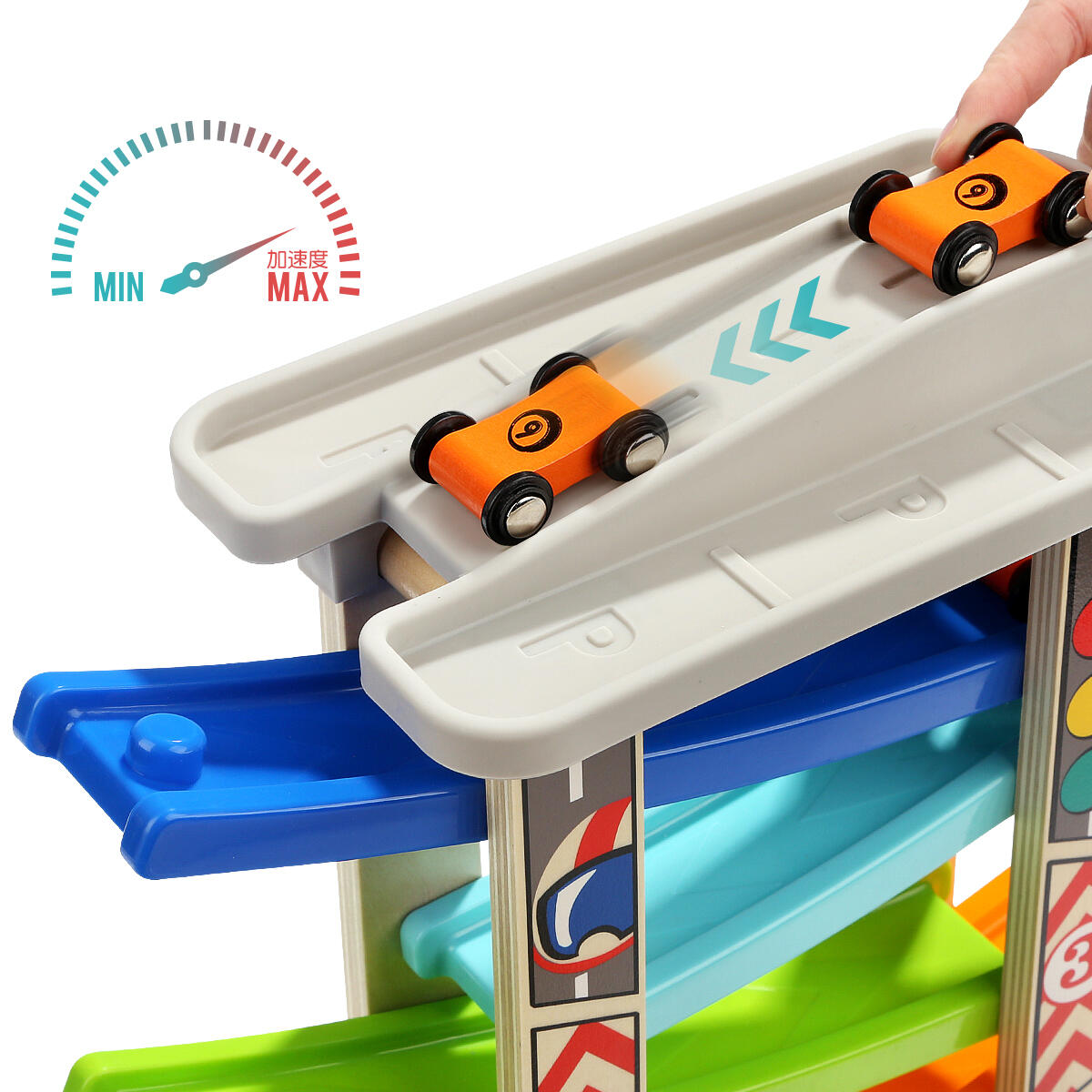 Rampa din lemn cu masinute de curse Topbright, 6 nivele, 18 luni+