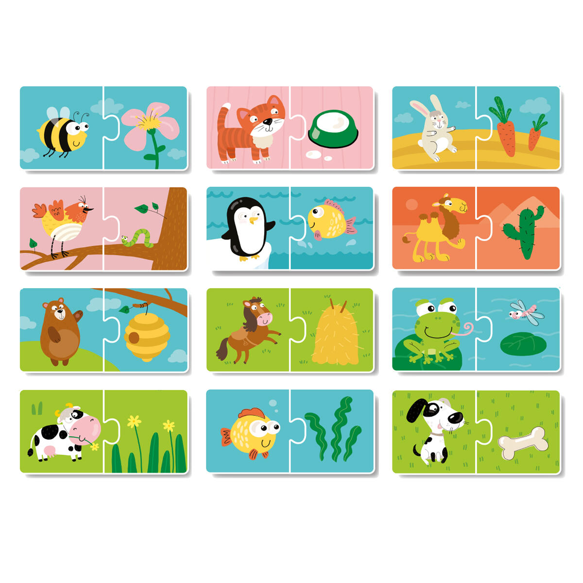 Puzzle duo educativ cu hrana animalelor, 12 asocieri, 2 piese, 3+