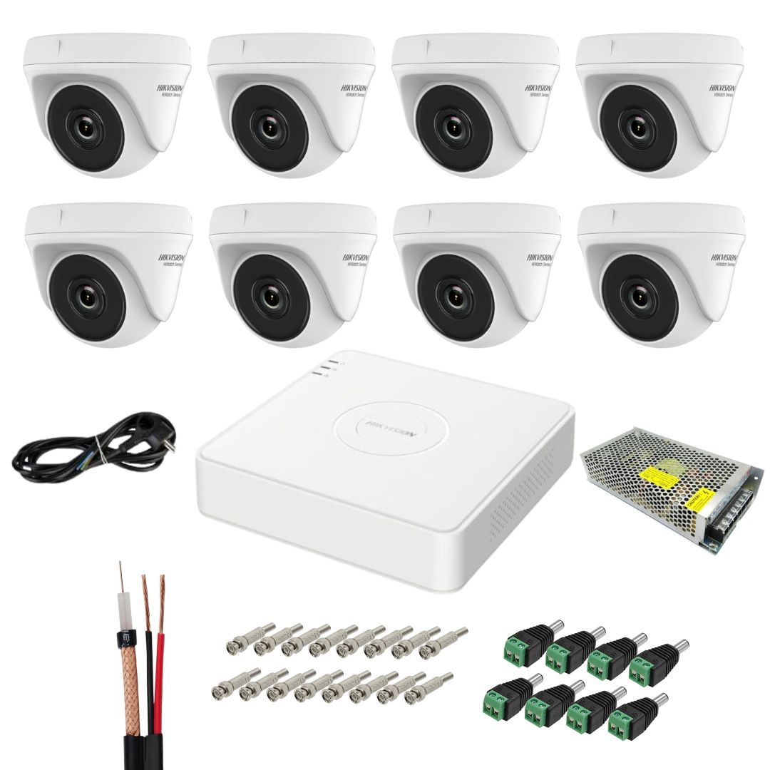 Sistem de supraveghere Hikvision Hiwatch cu functii inteligente, 8 camere, 5MP, Infrarosu 20m, DVR, Accesorii montaj incluse, Vizualizare imagini pe mobil SafetyGuard Surveillance