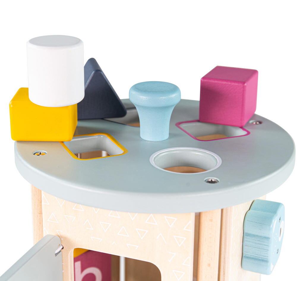 Cilindru educativ din lemn cu activitati pastel pentru copii 18 luni+