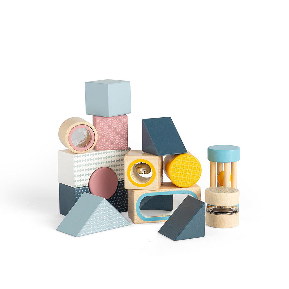 Joc senzorial din lemn cu 14 piese pentru explorare si motricitate fina