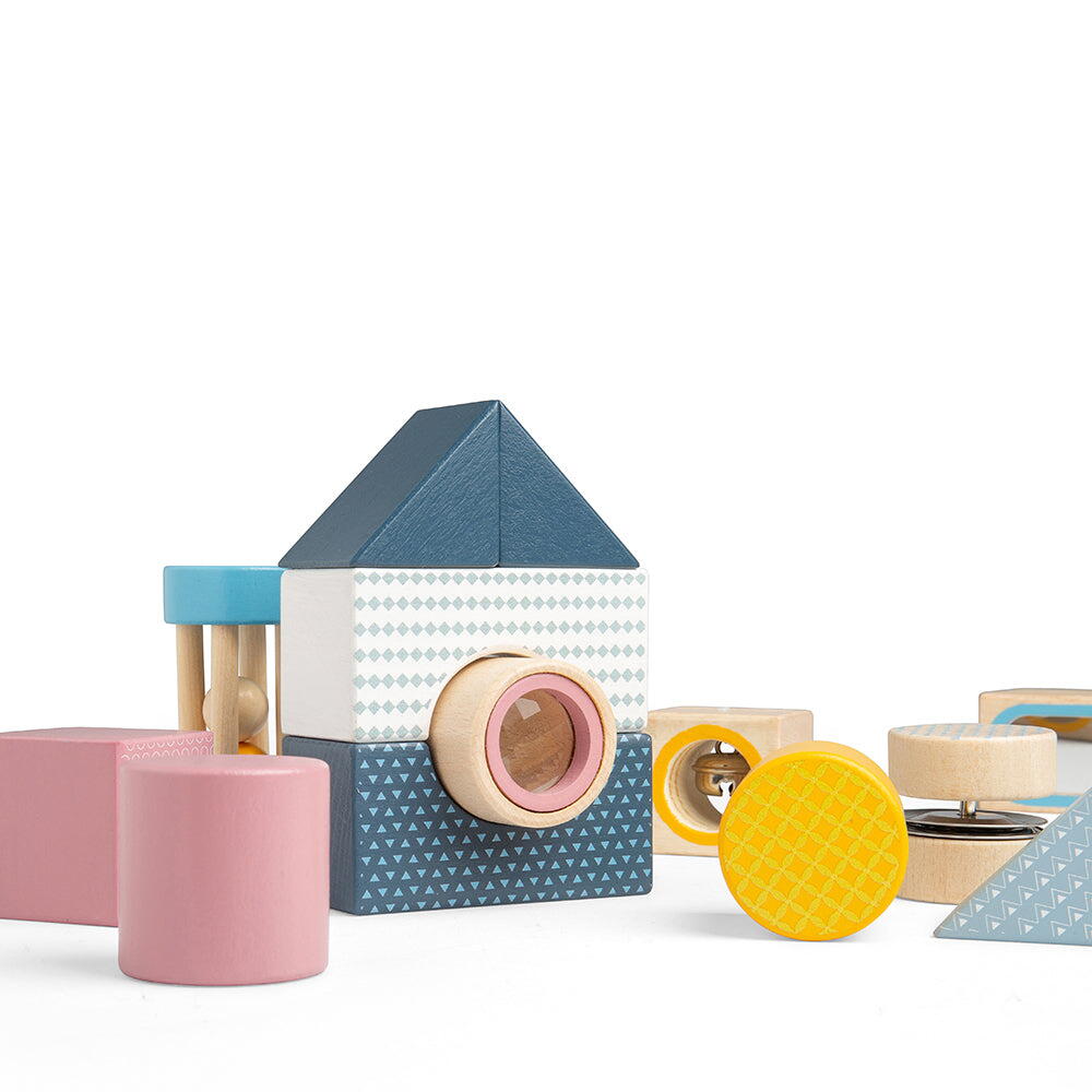 Joc senzorial din lemn cu 14 piese pentru explorare si motricitate fina