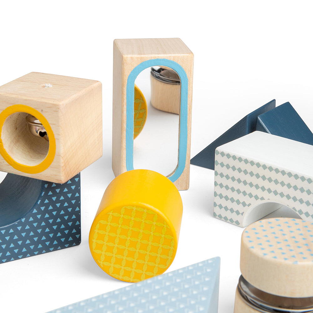 Joc senzorial din lemn cu 14 piese pentru explorare si motricitate fina