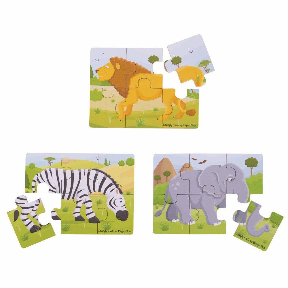 Set 3 puzzle-uri din lemn Jungla Vesela cu animale, 2 ani+