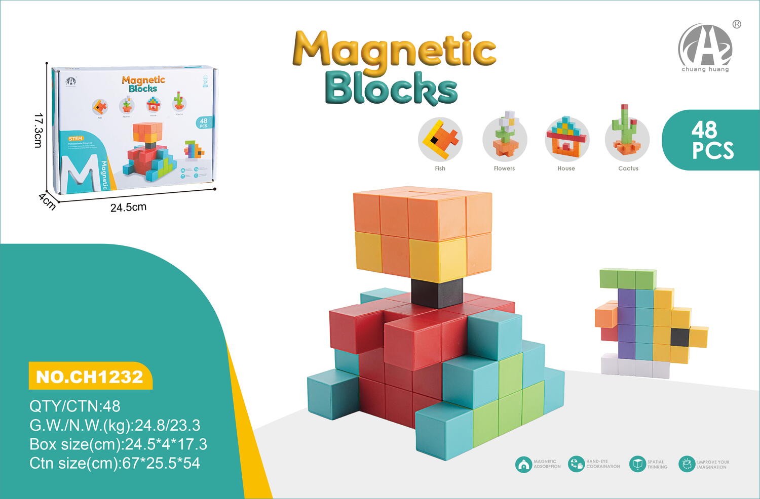 Joc magnetic STEM cu 48 piese pentru constructii 2D si 3D