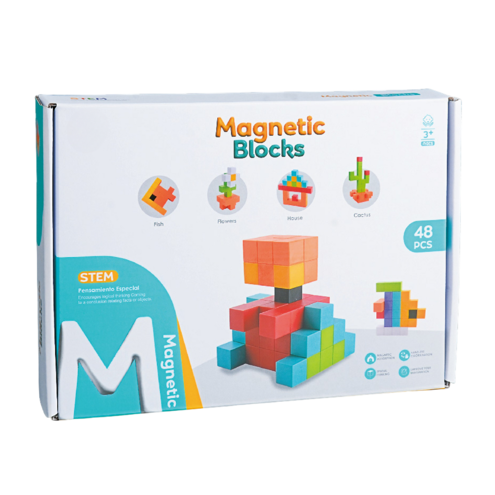 Joc magnetic STEM cu 48 piese pentru constructii 2D si 3D