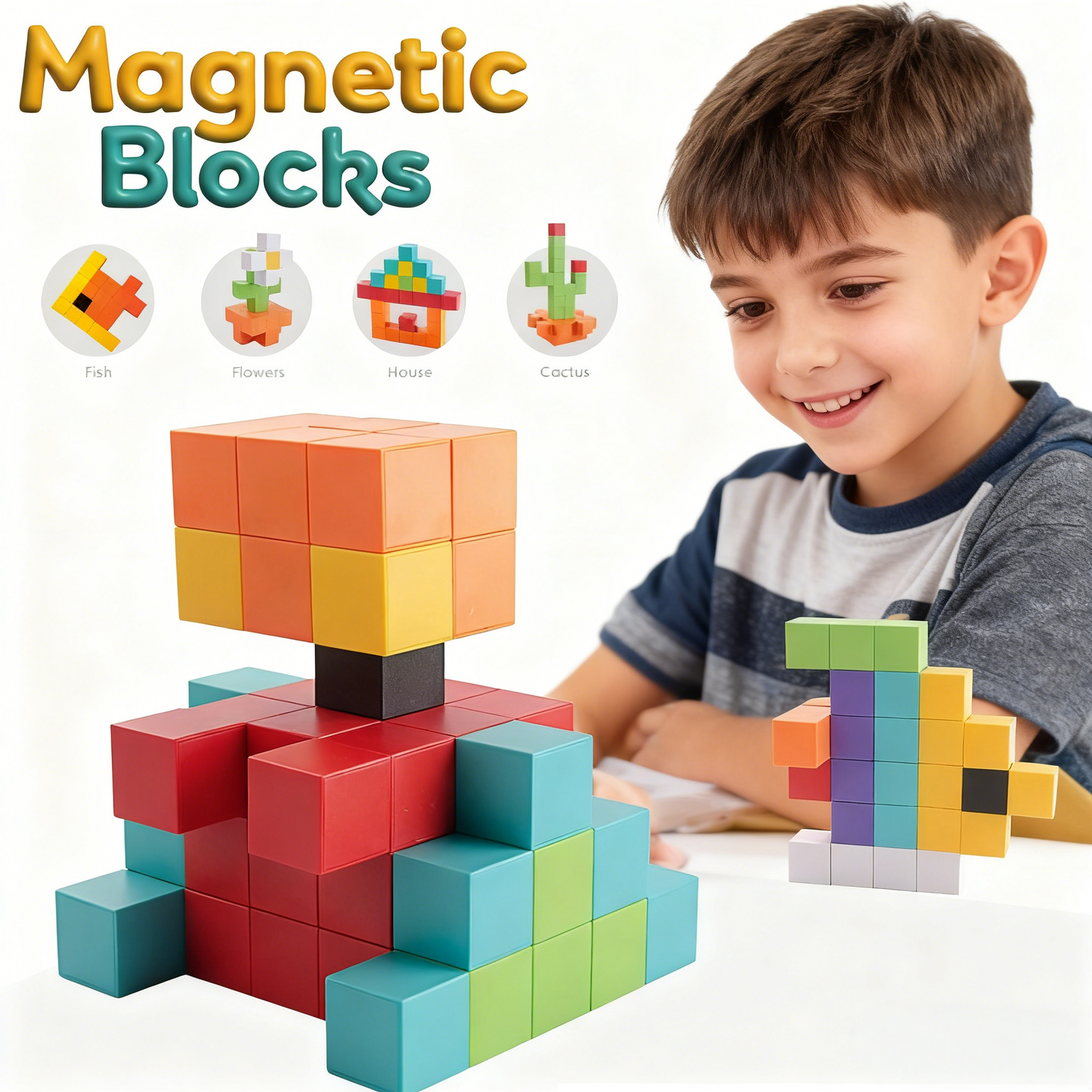 Joc magnetic STEM cu 48 piese pentru constructii 2D si 3D