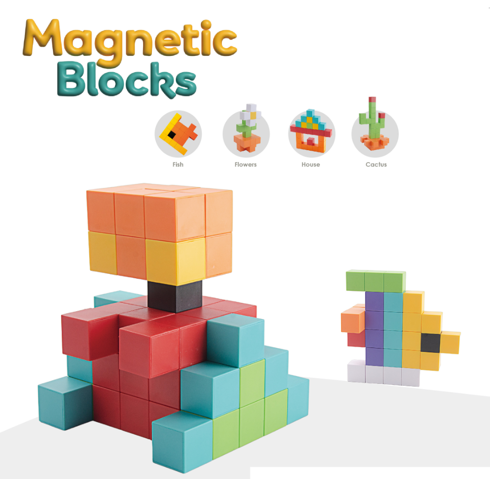 Joc magnetic STEM cu 48 piese pentru constructii 2D si 3D