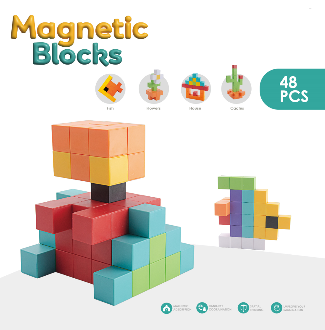 Joc magnetic STEM cu 48 piese pentru constructii 2D si 3D