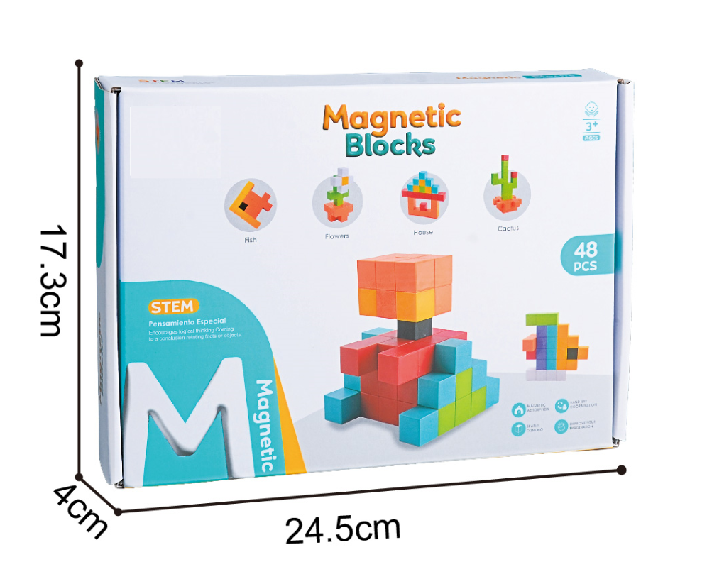 Joc magnetic STEM cu 48 piese pentru constructii 2D si 3D