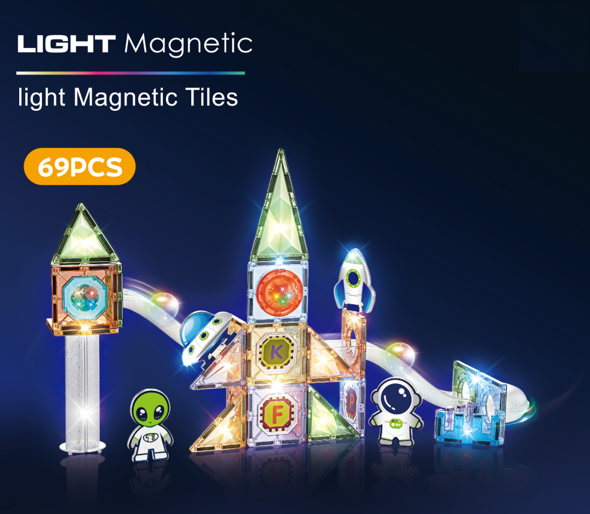 Labirint magnetic cu lumini, tema spațiu, 69 piese, 7,5 cm