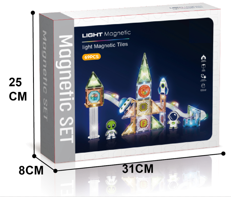 Labirint magnetic cu lumini, tema spațiu, 69 piese, 7,5 cm