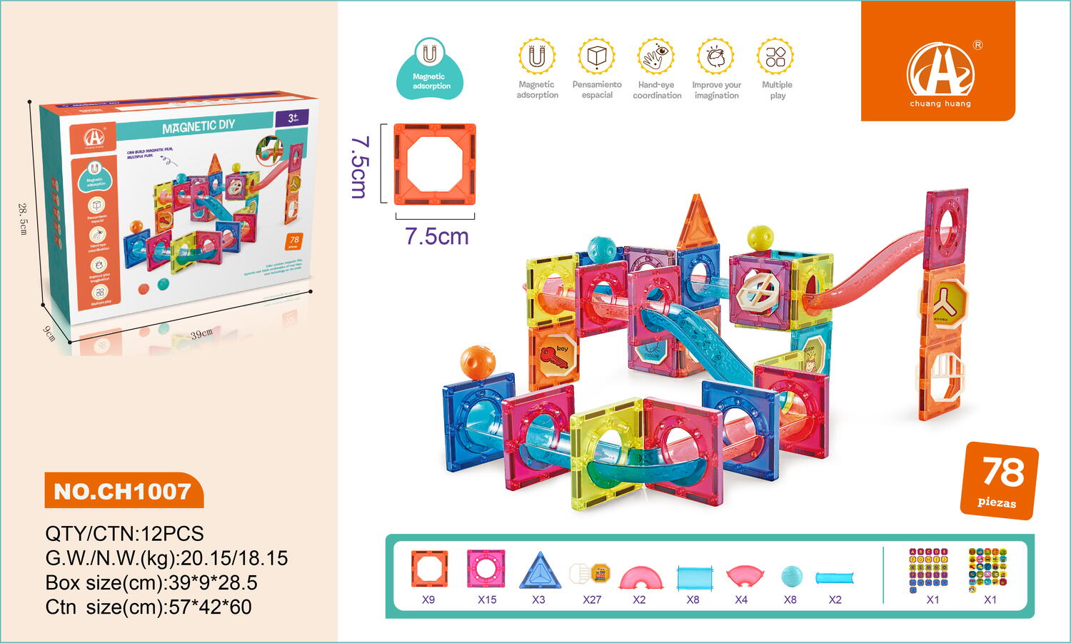 Labirint magnetic educativ pentru copii, 78 piese, constructii 3D, 7.5 cm